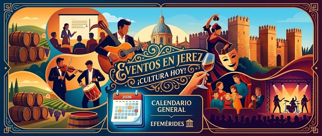 Banner interactivo de la agenda cultural de Jerez: incluye acceso al Calendario General, Efemérides y conciertos hoy junto a ilustraciones del Alcázar y flamenco