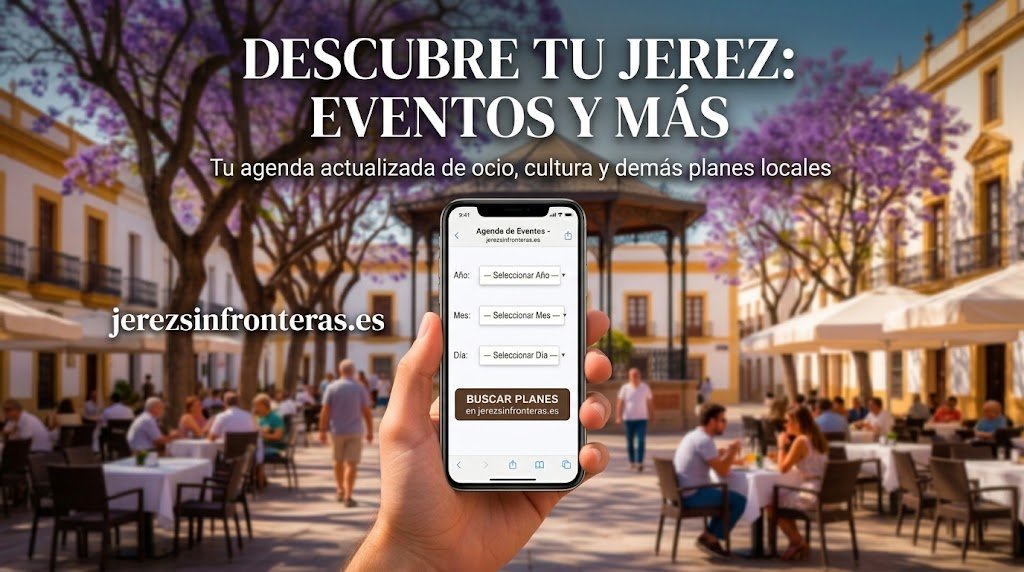 Mano sosteniendo un teléfono móvil con la agenda de eventos de jerezsinfronteras.es sobre un fondo atemporal de una alameda en Jerez de la Frontera.
