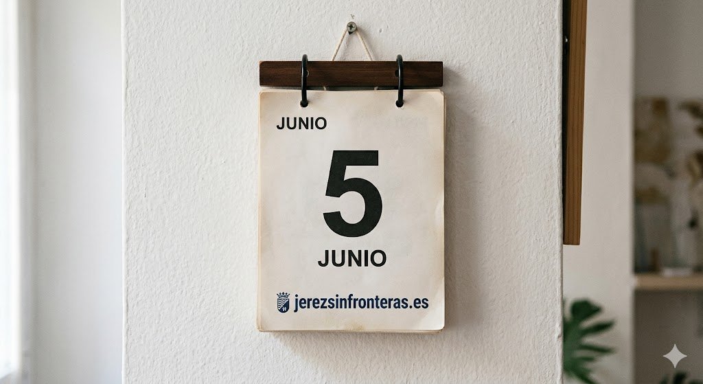 Primer plano de un calendario de pared vintage de día a día colgando de un tornillo en una pared de yeso texturizada. La página muestra el número grande "5" y el mes "JUNIO" en mayúsculas, arriba y abajo. En la parte inferior de la página, hay un escudo azul y el texto "jerezsinfronteras.es". El fondo interior está desenfocado con una planta y estanterías.