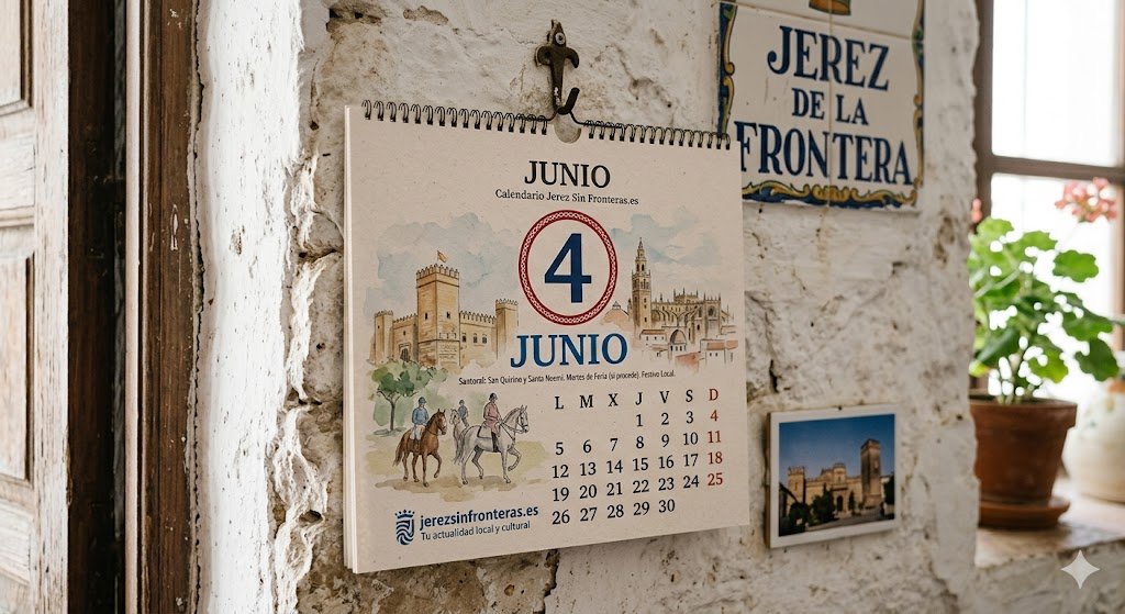 Calendario de pared atemporal del medio Jerez sin Fronteras marcado en el día 4 de junio, colgado sobre una pared de piedra blanca de estilo rústico junto a un azulejo tradicional de Jerez de la Frontera.