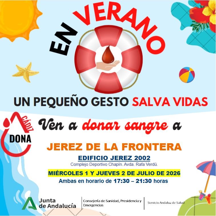 Cartel oficial de la campaña de donación de sangre en Jerez, programada para el 1 y 2 de julio de 2026 en el Edificio Jerez 2002.