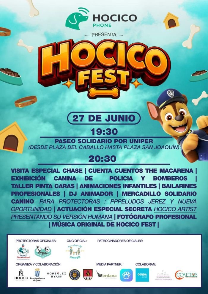 Cartel oficial del evento Cartel Hocico Fest definitivo_2.jpg en tonos celestes, con el personaje Chase de la Patrulla Canina. Detalla la programación del 27 de junio con el paseo solidario por Uniper a las 19:30 horas desde la Plaza del Caballo y las actividades en la plaza San Joaquín a las 20:30 horas. En la parte inferior se muestran los logotipos del Ayuntamiento de Jerez, Hocico Phone, las protectoras Nueva Oportunidad y PPPeludos, y demás patrocinadores.
