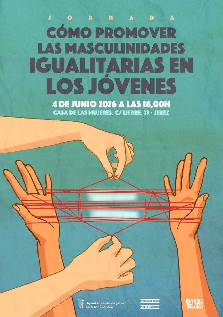 Cartel oficial del Ayuntamiento de Jerez impreso sobre un fondo verde texturizado que anuncia la jornada juvenil, ilustrado con cuatro manos que estiran hilos rojos formando un signo de igualdad en el centro.