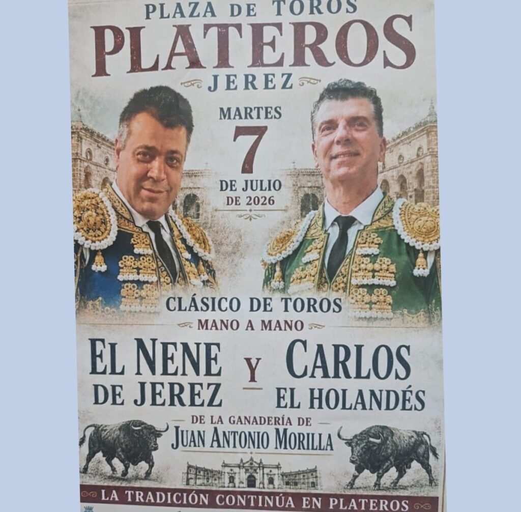 Cartel publicitario ficticio de estilo taurino antiguo creado con inteligencia artificial para el bar La Gabriela de Jerez, donde aparecen los retratos de dos de sus camareros vestidos con trajes de luces tradicionales sobre un fondo de plaza histórica.