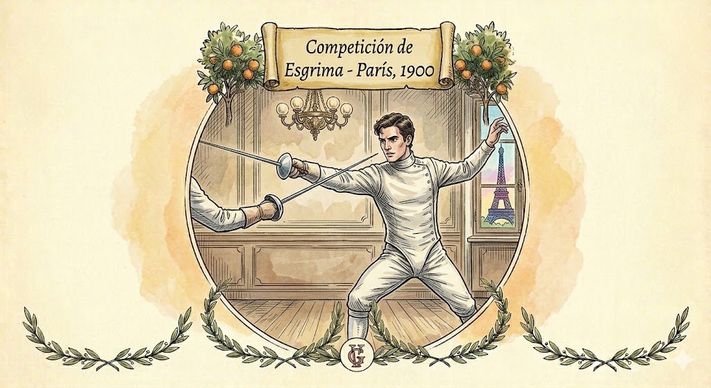 Grabado clásico coloreado de Mauricio Álvarez de Bohórquez ejecutando un fondo de esgrima con florete durante los Juegos Olímpicos de París en 1900 dentro de una elegante sala de armas francesa.