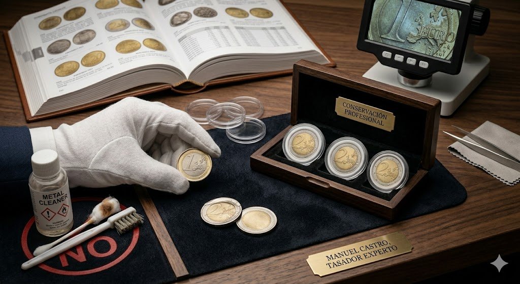 Un tasador experto, Manuel Castro, con guantes blancos, sostiene una moneda de 1 Euro de Italia por el borde sobre una mesa de madera. En primer plano, varias monedas valiosas están selladas en cápsulas de plástico herméticas transparentes. Al fondo, a la derecha, se ve una botella de "LIMPIADOR QUÍMICO" y un cepillo abrasivo tachados con un gran símbolo de "NO" rojo. Un catálogo de numismática abierto y una lupa reposan cerca.