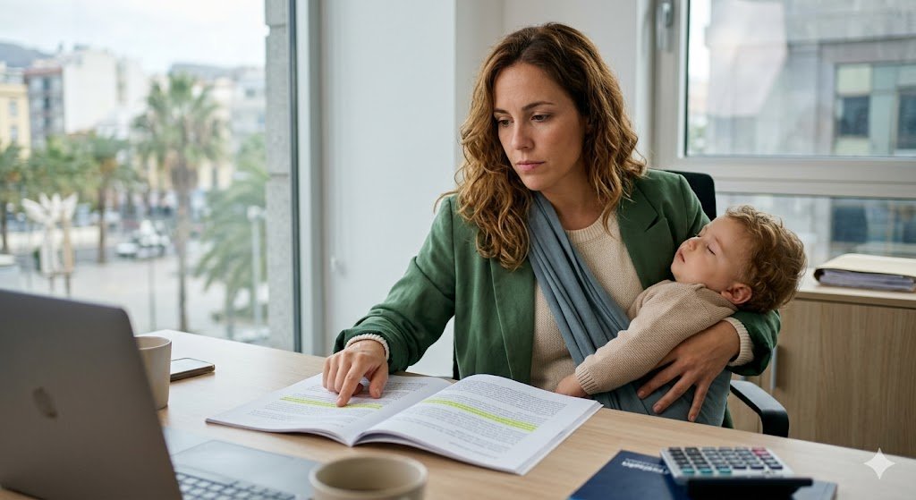 Mujer trabajadora en su escritorio con un bebé dormido en brazos, revisando documentación legal sobre derechos laborales y conciliación familiar.