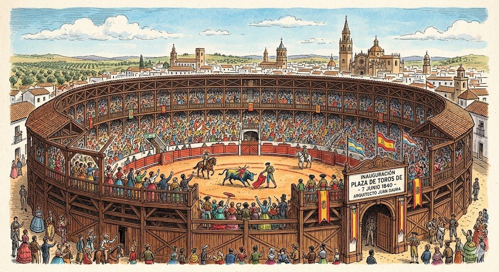 Ilustración detallada a pluma en color de la inauguración de la plaza de toros de Jerez el 7 de junio de 1840 con su estructura poligonal de madera llena de espectadores y el perfil urbano histórico de la ciudad al fondo.