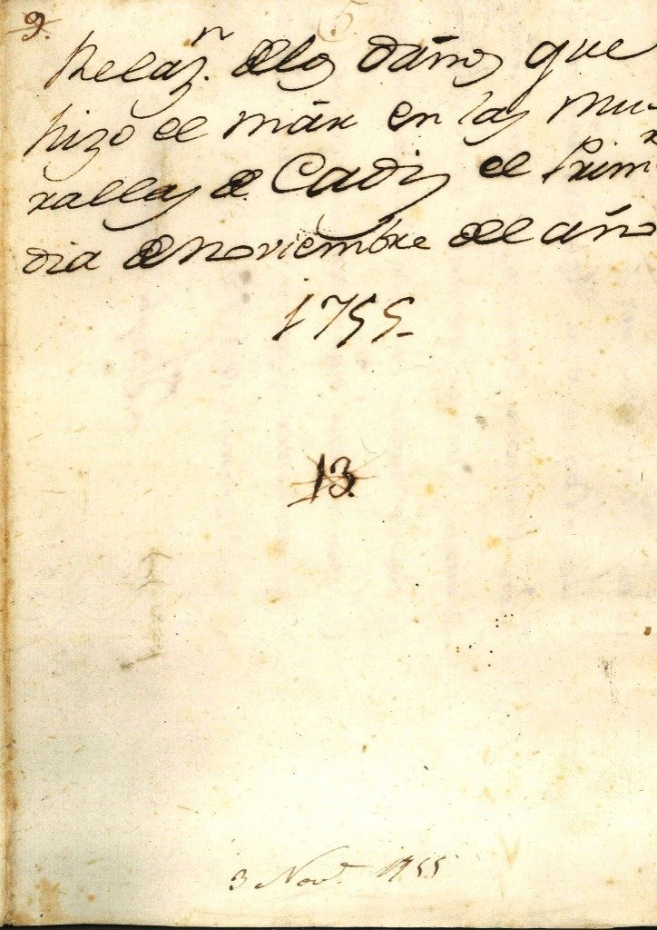 Fragmento manuscrito de 1755 que describe los daños causados por el mar en las murallas de Cádiz tras el terremoto de Lisboa.