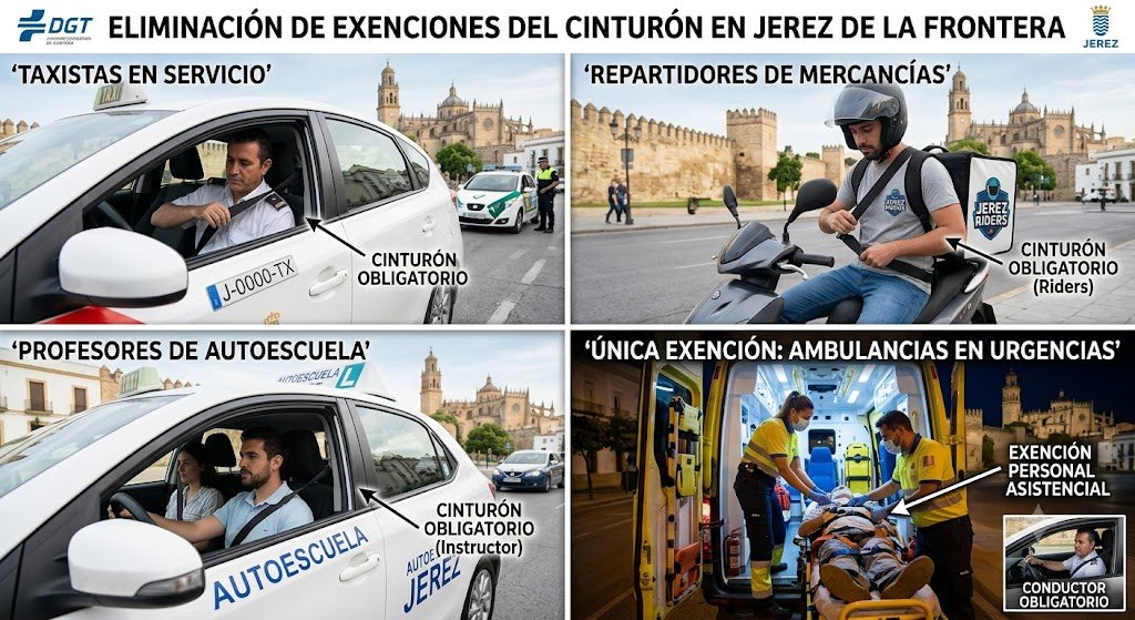 Una infografía organizada en una cuadrícula de cuatro paneles que detalla la supresión de exenciones en el uso del cinturón de seguridad decretada por la DGT, con el perfil monumental de Jerez de la Frontera como escenario de fondo. El panel superior izquierdo, titulado "TAXISTAS EN SERVICIO", muestra a un taxista abrochándose el cinturón dentro de su vehículo. El panel superior derecho, bajo el título "REPARTIDORES DE MERCANCÍAS", ilustra a un repartidor en motocicleta realizando la misma acción de seguridad. El panel inferior izquierdo, con el epígrafe "PROFESORES DE AUTOESCUELA", muestra el interior de un coche de prácticas donde el instructor lleva el cinturón correctamente colocado. El panel inferior derecho, titulado "ÚNICA EXENCIÓN: AMBULANCIAS EN URGENCIAS", muestra el portón trasero abierto de una ambulancia de noche, donde los sanitarios atienden a un paciente en camilla, destacando con una flecha el texto "EXENCIÓN PERSONAL ASISTENCIAL".