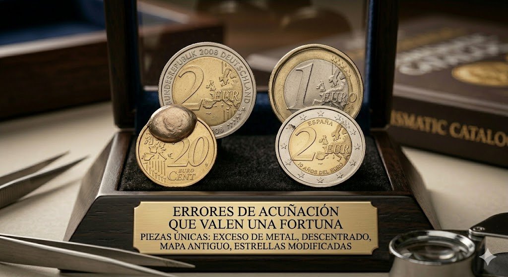 Conjunto de monedas de euro con errores de acuñación, incluyendo piezas descentradas, con exceso de metal, mapas antiguos y estrellas modificadas, expuestas en un estuche de colección.