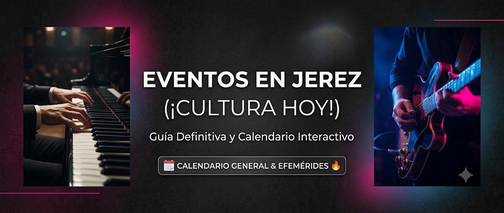 Banner interactivo de la agenda cultural de Jerez: incluye acceso al Calendario General, Efemérides y conciertos hoy junto a ilustraciones del Alcázar y flamenco