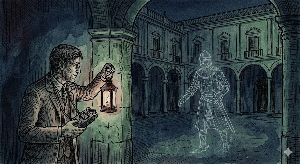 Dibujo a pluma y color que muestra una investigación nocturna en el Palacio de Casares, con una silueta de época translúcida y vibrante definida por un denso rayado azul de medianoche.