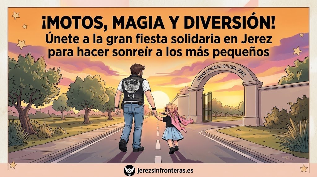 Un motero y una niña pequeña caminando de la mano hacia la puerta del Parque González Hontoria en Jerez bajo un atardecer estilo ilustración, con el titular del evento en la parte superior.