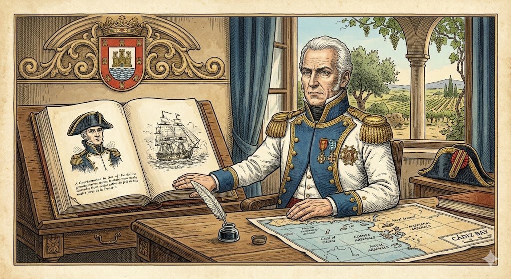 Un dibujo coloreado a pluma sobre papel envejecido representa a un Pérez de Grandallana distinguido y mayor (ca. 1835), reconocible del retrato original pero con cabello blanco. Viste el uniforme de Brigadier relajado y está sentado en su estudio en Jerez. Su mano descansa sobre unas memorias abiertas. Una ventana revela un patio andaluz sereno. El escudo de Jerez está integrado en la arquitectura sobre su cabeza. El estilo de coloreado es suave y contemplativo.