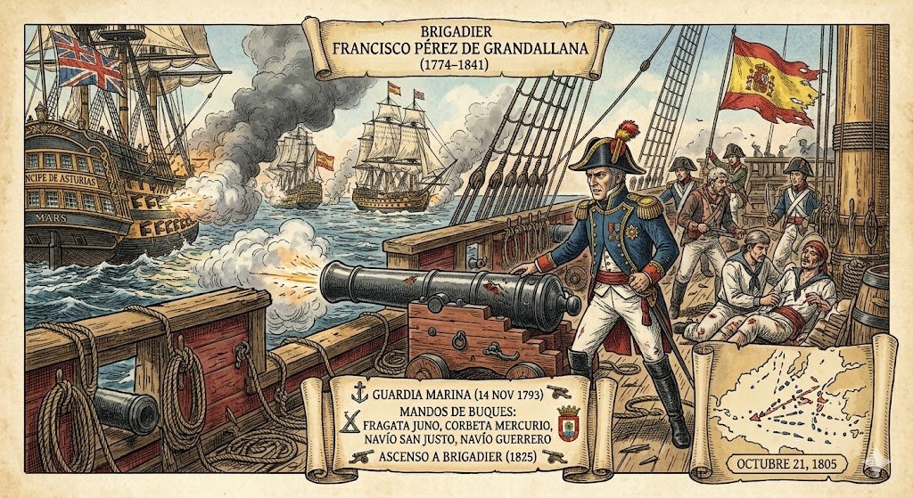 Un dibujo coloreado a pluma sobre papel envejecido captura la caótica cubierta del Navío San Justo durante la Batalla de Trafalgar (1805). Un Pérez de Grandallana más maduro y con uniforme de Capitán de Fragata desgastado, reconocible del retrato original, dirige a la tripulación cerca de un cañón humeante de 36 libras. El navío británico Mars es visible a través del humo. Una bandera española andrajosa ondea sobre la cubierta.