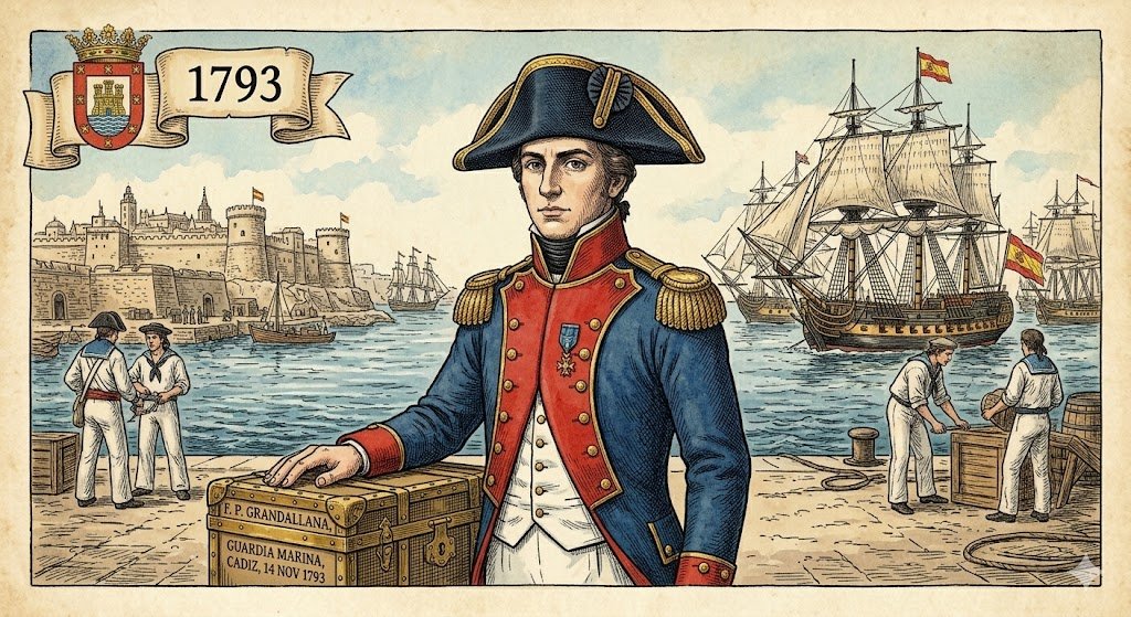 Un dibujo coloreado a pluma sobre papel envejecido muestra a un joven Francisco Pérez de Grandallana (19 años), con un uniforme azul de Guardiamarina de 1793 y tricornio, de pie en el muelle de Cádiz. Su mano descansa sobre un cofre de viaje de latón que dice "F. P. GRANDALLANA, CADIZ, 14 NOV 1793". Al fondo, se ve el arsenal naval y la Fragata Juno.