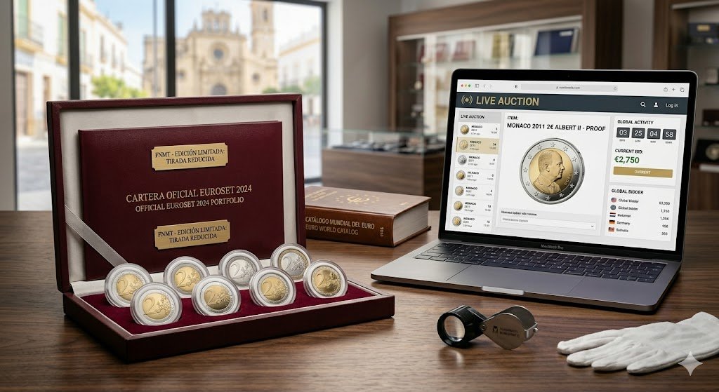 Conjunto de Eurosets de la Fábrica Nacional de Moneda y Timbre en calidad Proof, junto a una tablet que muestra una plataforma de subastas numismáticas online con gráficos de cotización en tiempo real.