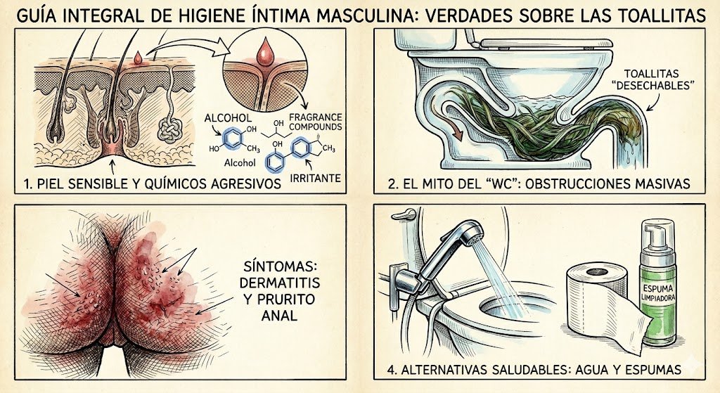Una guía de estilo boceto en cuatro viñetas que ilustra por qué las toallitas húmedas son malas para la higiene masculina, mostrando diagramas de piel sensible con irritantes químicos, tuberías obstruidas, irritación anal y alternativas saludables como usar agua y espumas limpiadoras en papel higiénico.