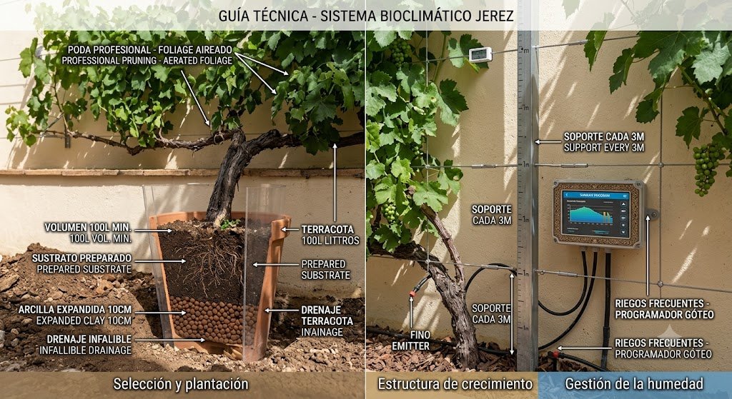 Infografía técnica detallada sobre la instalación de un sistema de sombra bioclimática con parras, mostrando el corte transversal de un macetón de 100 litros y la configuración del riego por goteo con soportes.