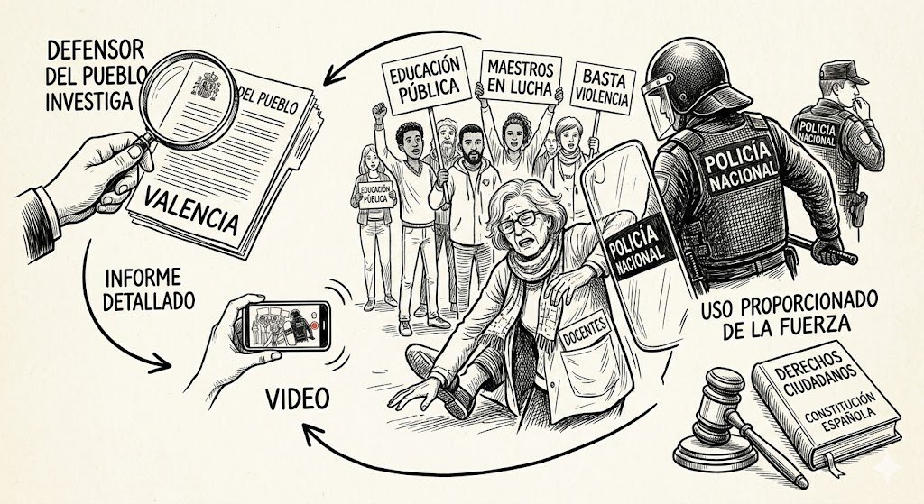 Ilustración editorial a pluma en tinta negra que conceptualiza la investigación del Defensor del Pueblo en Valencia. A la izquierda, una lupa examina un informe oficial junto a una mano que graba con un móvil. En el centro, una maestra jubilada cae al suelo frente a una manifestación de docentes con pancartas por la educación pública. A la derecha, un agente de la Policía Nacional con escudo representa la carga policial, mientras abajo aparecen un mazo judicial y el libro de la Constitución Española.