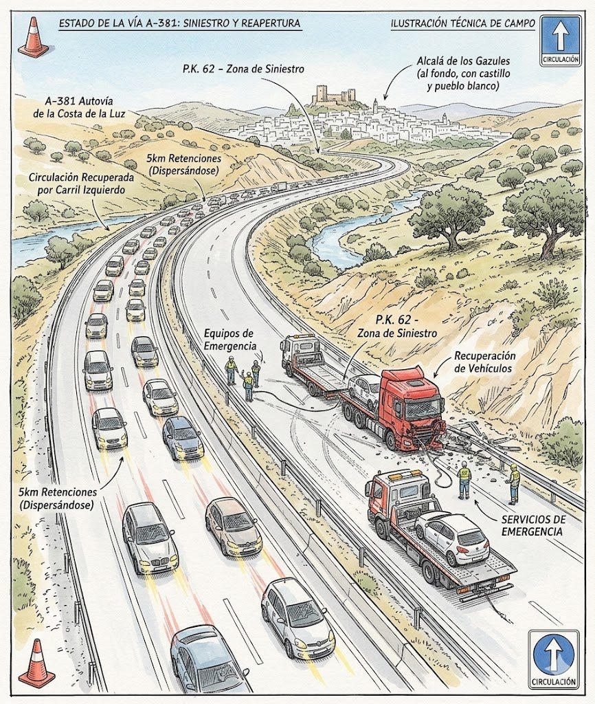 Reabierta la A-381 en Alcalá de los Gazules: el tráfico recupera la normalidad tras un grave siniestro