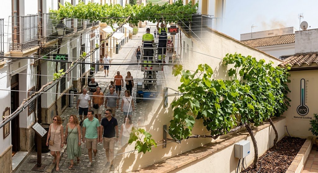 Fotografía documental que muestra la dualidad de la implementación del emparrado de Jerez, con una vista dividida entre una calle comercial con estructuras de cables y un patio privado con parras separadas de la pared.