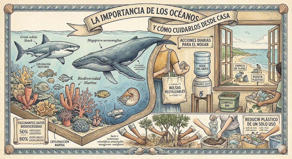 Ilustración de estilo dibujo a pluma en color dividida en dos paneles que muestra la vida marina en el océano izquierdo y a personas adoptando hábitos sostenibles en la costa derecha.