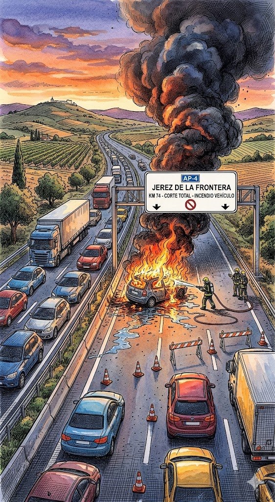 Cortada la autopista por un grave incendio en la AP-4 en Jerez