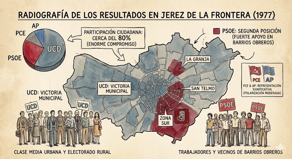 Infografía ilustrada a pluma y color sobre un fondo envejecido que muestra el mapa municipal de Jerez de la Frontera dividido por los resultados de 1977, con un gráfico de tarta que detalla la victoria de la UCD, las zonas coloreadas del PSOE en los barrios obreros como la Zona Sur, La Granja y San Telmo, e ilustraciones de los diferentes perfiles de votantes.