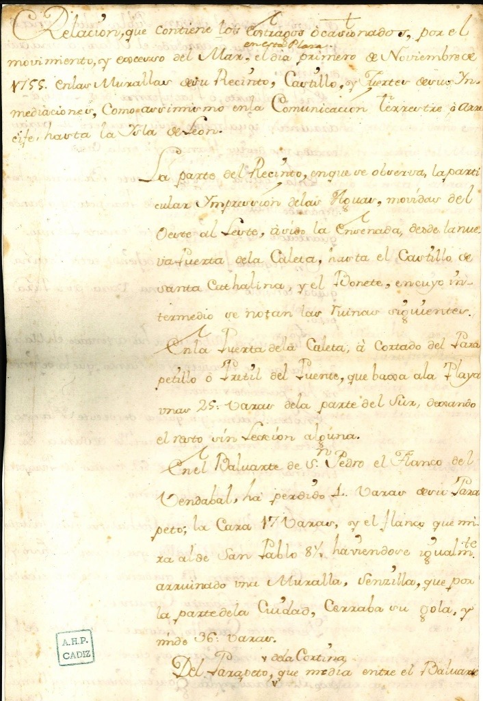 Fragmento manuscrito del informe de daños detallando la destrucción en el Baluarte de San Pedro tras el terremoto de 1755.