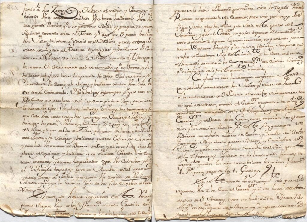Folio 143 del manuscrito "Papeles curiosos", que detalla la descripción de los salones subterráneos, el cofre del carbunclo y la intervención de los ingenieros reales en 1748.