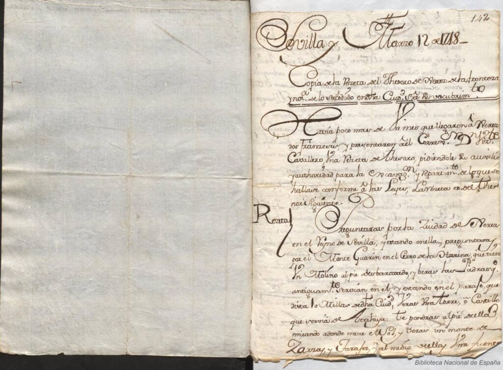 Folio 142 del manuscrito "Papeles curiosos", que muestra la Copia de la Receta del Thesoro de Xerez de la Frontera, fechado en 1748.