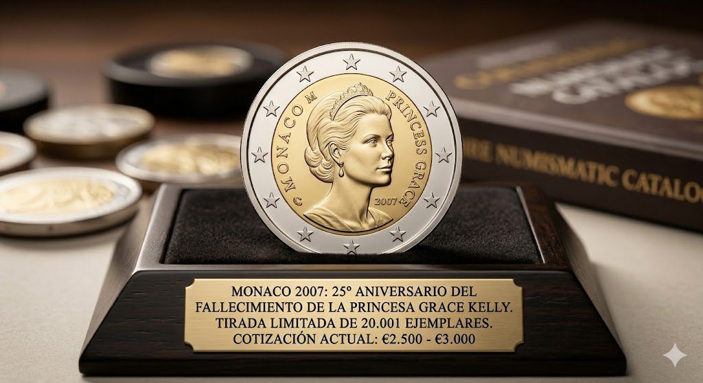 Moneda conmemorativa de dos euros de Mónaco del año 2007 con el perfil de la princesa Grace Kelly, expuesta sobre un soporte de exhibición con una placa informativa dorada en primer plano.