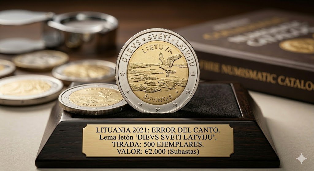 Moneda conmemorativa de dos euros de Lituania del año 2021 dedicada a la Reserva de la Biosfera de Zuvintas, apoyada de canto para mostrar el error de acuñación en la inscripción perimetral sobre un fondo numismático.