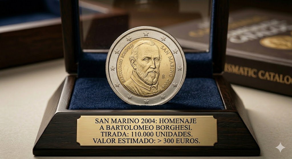 Moneda conmemorativa de dos euros de San Marino de 2004 con la efigie del historiador Bartolomeo Borghesi, presentada sobre un soporte con placa informativa dorada.