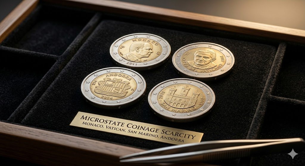 Cuatro monedas de dos euros conmemorativas de Mónaco, el Vaticano, Andorra y San Marino expuestas en un estuche de colección con fondo de terciopelo negro y pinzas de numismática.