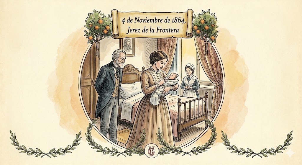 Dibujo a pluma coloreado de una habitación del siglo XIX en Jerez de la Frontera, donde una partera sostiene al recién nacido Mauricio Álvarez de Bohórquez junto a su madre en la cama y su padre observa de pie.