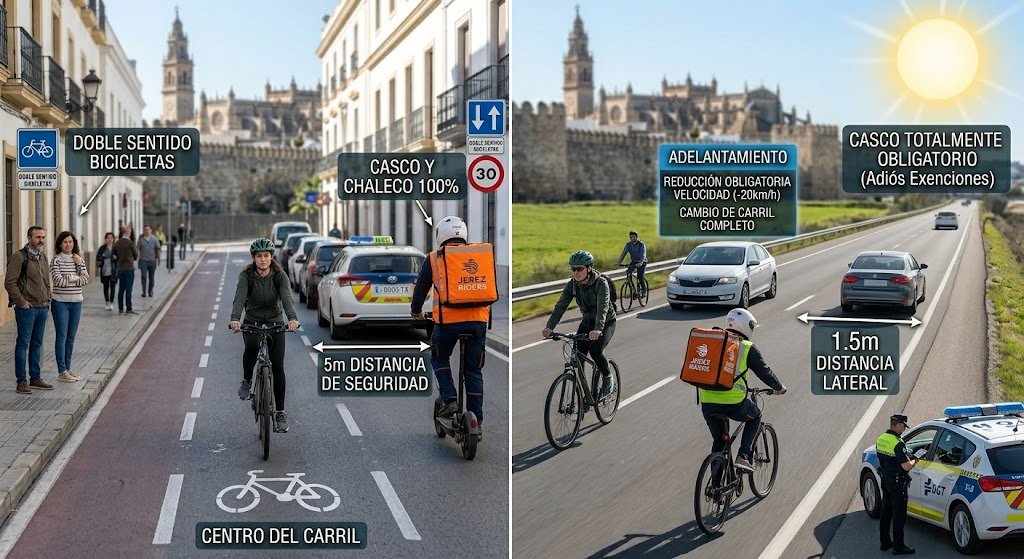 Una imagen informativa dividida verticalmente en dos paneles que ilustra el nuevo reglamento para ciclistas con el perfil monumental de Jerez de la Frontera al fondo. El panel izquierdo simula el entorno urbano: una ciclista avanza por el centro de una calle de sentido único con una señal de "DOBLE SENTIDO BICICLETAS", mientras que detrás un taxi respeta una etiqueta que indica "5m DISTANCIA DE SEGURIDAD". El panel derecho muestra una carretera interurbana bajo un sol intenso, destacando las etiquetas "CASCO TOTALMENTE OBLIGATORIO (Adiós Exenciones)" y "1.5m DISTANCIA LATERAL", junto a un cartel que detalla las normas de "ADELANTAMIENTO: REDUCCIÓN OBLIGATORIA VELOCIDAD (-20km/h) Y CAMBIO DE CARRIL COMPLETO". En la esquina inferior derecha, un agente de tráfico junto a un coche oficial supervisa la vía.