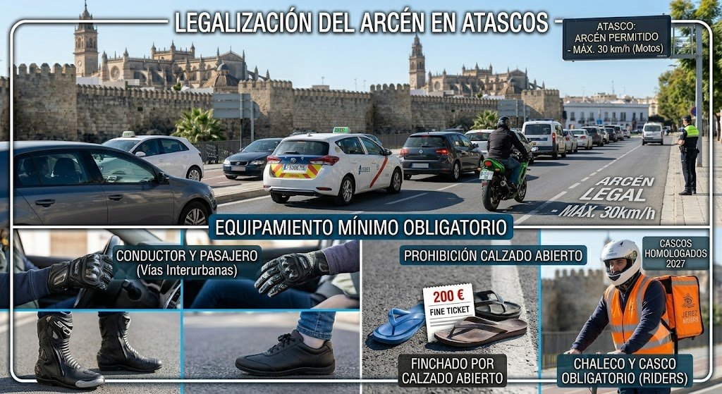Una infografía dividida horizontalmente en dos grandes bloques que detalla la nueva normativa de la DGT para motoristas en Jerez de la Frontera, con la catedral y el alcázar integrados en la composición. La mitad superior, titulada "LEGALIZACIÓN DEL ARCÉN EN ATASCOS", muestra una retención de tráfico real donde una motocicleta circula correctamente por el arcén derecho; un panel informativo digital indica "ATASCO: ARCÉN PERMITIDO - MÁX. 30 km/h (Motos)" y un agente de policía supervisa la maniobra. La mitad inferior, bajo el título "EQUIPAMIENTO MÍNIMO OBLIGATORIO", contiene cuatro paneles detallados: el primero muestra el uso de guantes homologados con la inscripción "CONDUCTOR Y PASAJERO (Vías Interurbanas)"; el segundo resalta botas y zapatos cerrados frente a unas chanclas abandonadas en el asfalto junto a una multa que lee "200 € FINE TICKET" bajo el rótulo "PROHIBICIÓN CALZADO ABIERTO"; y el último muestra a un repartidor profesional con la etiqueta "CHALECO Y CASCO OBLIGATORIO (RIDERS)" y la advertencia "CASCOS HOMOLOGADOS 2027".