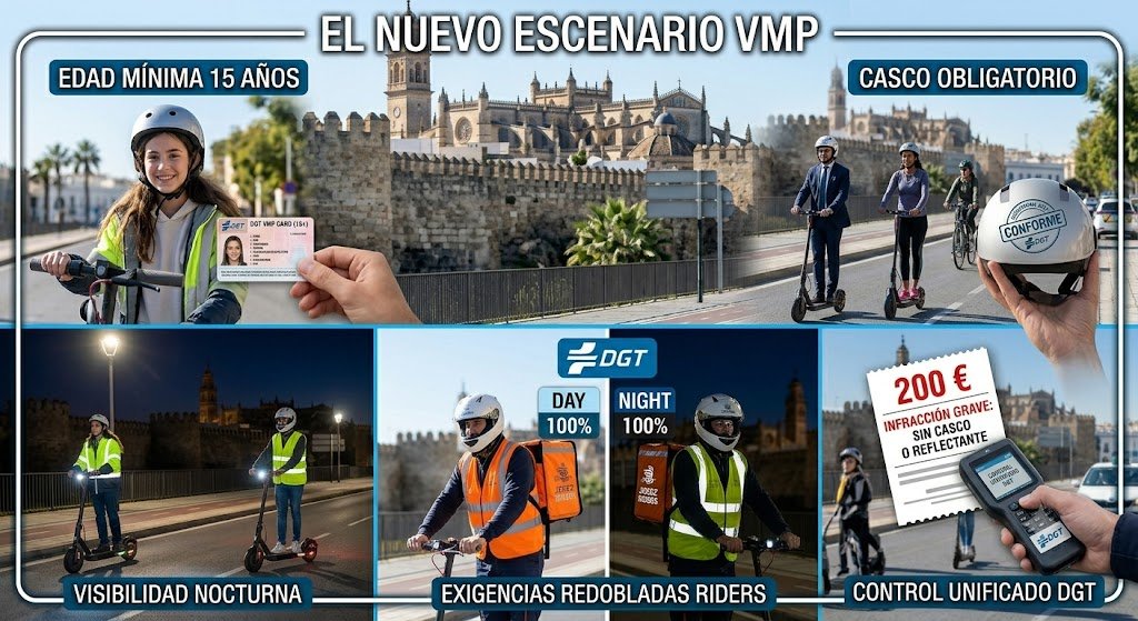 Una infografía dividida en varias secciones que detalla la nueva normativa de la DGT para los Vehículos de Movilidad Personal (VMP) en Jerez de la Frontera, con imágenes de la catedral y las murallas de la ciudad integradas en el diseño. En la parte superior, bajo el título "EL NUEVO ESCENARIO VMP", se muestran dos apartados: uno sobre la "EDAD MÍNIMA 15 AÑOS" con una joven en patinete mostrando una tarjeta de identificación, y otro sobre el "CASCO OBLIGATORIO" donde se ve una mano sosteniendo un casco certificado. La mitad inferior muestra tres paneles nocturnos y diurnos: a la izquierda, la sección "VISIBILIDAD NOCTURNA" con usuarios equipados con chalecos reflectantes luminosos; en el centro, "EXIGENCIAS REDOBLADAS RIDERS" que detalla la obligatoriedad del chaleco tanto de día como de noche para repartidores; y a la derecha, la sección "CONTROL UNIFICADO DGT" mostrando un dispositivo electrónico de control policial y un boleto impreso con una sanción de "200 €" por infracción grave.