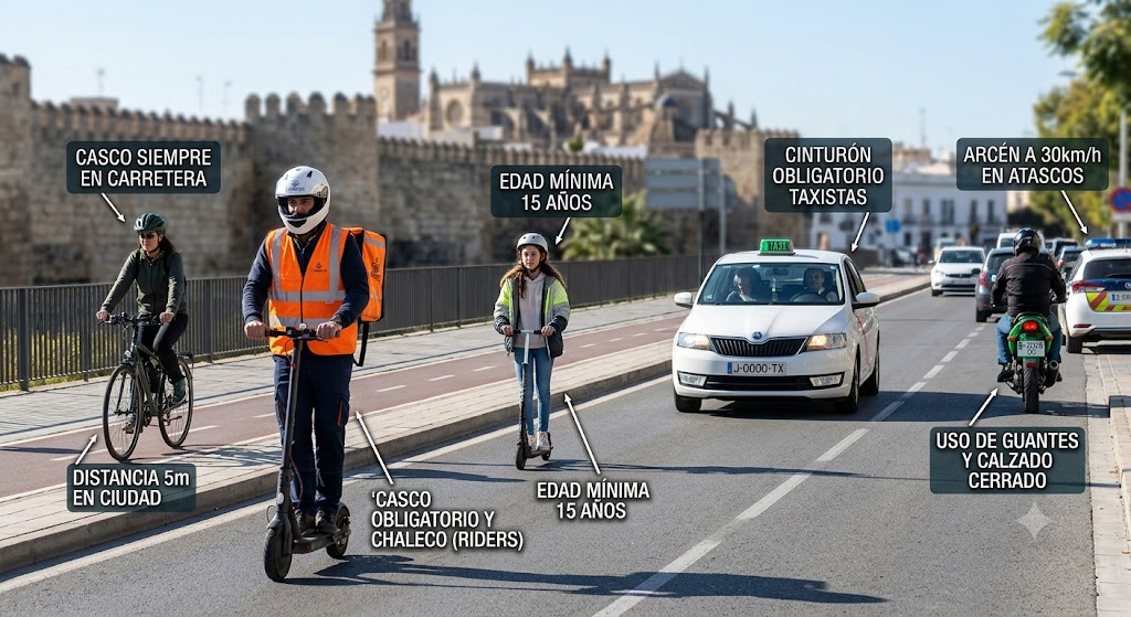 Una fotografía que resume visualmente los principales cambios en el Reglamento General de Circulación en Jerez de la Frontera, con la catedral y las murallas de la ciudad al fondo. Varios usuarios vulnerables de la vía (ciclista, motorista, riders en patinete) aparecen en una calle de la ciudad junto a vehículos motorizados (taxi y coche de policía en el arcén). Superpuestas sobre los elementos clave, varias etiquetas de texto negro sobre fondo gris explican las nuevas normas de la DGT para cada grupo: "CASCO SIEMPRE EN CARRETERA", "EDAD MÍNIMA 15 AÑOS", "CINTURÓN OBLIGATORIO TAXISTAS" y "ARCÉN A 30km/h EN ATASCOS", entre otras. La imagen es un collage informativo en un entorno real.