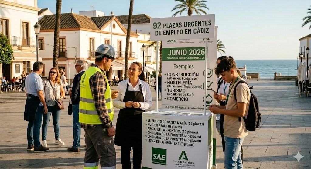 Cartel publicitario del Servicio Andaluz de Empleo en una plaza de la provincia de Cádiz que anuncia 92 plazas urgentes de empleo para junio de 2026 junto a varios profesionales.