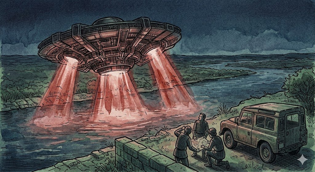 Dibujo a pluma y color que muestra un gran objeto volador geométrico emitiendo haces de luz azules y óxido vibrantes sobre las marismas del Guadalquivir, con investigadores observando.