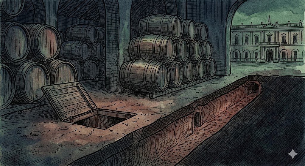 Dibujo a pluma y color que muestra una compuerta secreta en el suelo de una bodega jerezana, revelando un pasadizo subterráneo iluminado en óxido que conecta con un palacio adyacente.