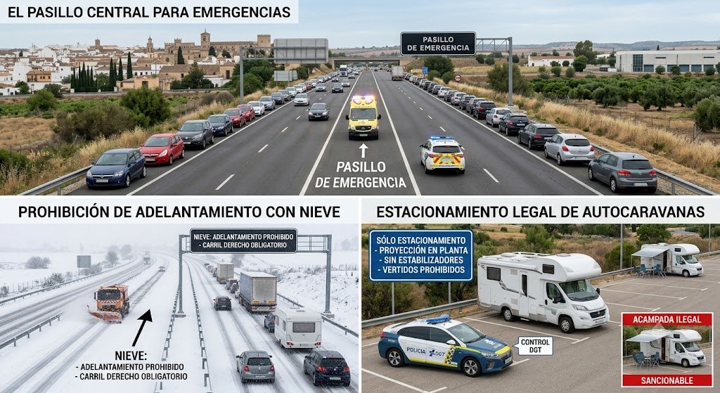 Una infografía compuesta por tres paneles explicativos sobre los protocolos excepcionales de la DGT, con vistas panorámicas de los viñedos y el entorno rural de Jerez de la Frontera integrados en la composición. El panel superior, titulado "EL PASILLO CENTRAL PARA EMERGENCIAS", muestra una autovía congestionada donde los turismos se han apartado ordenadamente a los márgenes izquierdo y derecho, abriendo un corredor libre por el que avanza una ambulancia. El panel inferior izquierdo, con el título "PROHIBICIÓN DE ADELANTAMIENTO CON NIEVE", ilustra una autopista completamente cubierta por una nevada severa en la que una máquina quitanieves limpia el carril izquierdo, mientras los camiones, coches y caravanas circulan obligatoriamente en fila por el carril derecho bajo un cartel de aviso. El panel inferior derecho, titulado "ESTACIONAMENTO LEGAL DE AUTOCARAVANAS", muestra un aparcamiento señalizado donde una patrulla de la policía local supervisa una autocaravana correctamente estacionada dentro de sus marcas viales, junto a una miniatura de advertencia con fondo rojo que lee "ACAMPADA ILEGAL / SANCIONABLE" al mostrar un vehículo con el toldo y las sillas desplegadas en el exterior.