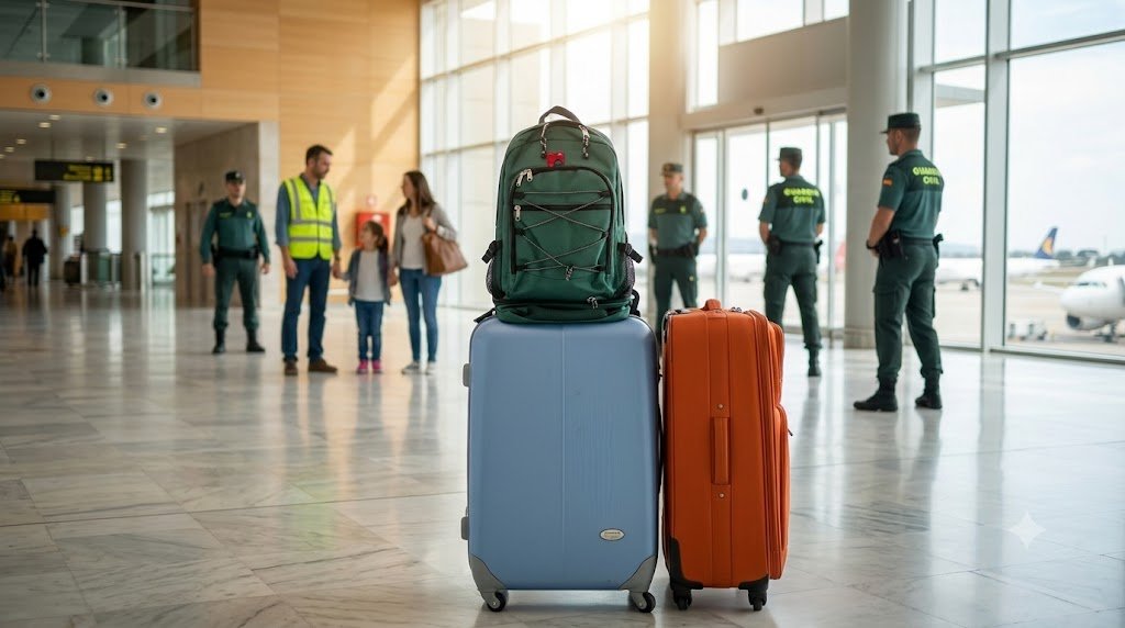 Imagen de cabecera de artículo que muestra una escena de seguridad en la terminal de un aeropuerto. En primer plano, varias maletas de viaje (una azul grande, una naranja grande y una mochila verde) están de pie sobre un suelo de mármol. Al fondo, a través de grandes ventanales que dan a las pistas de aterrizaje con aviones, se ve a varios agentes de la Guardia Civil uniformados patrullando y vigilando el área, junto a otros viajeros. La luz es natural y brillante.