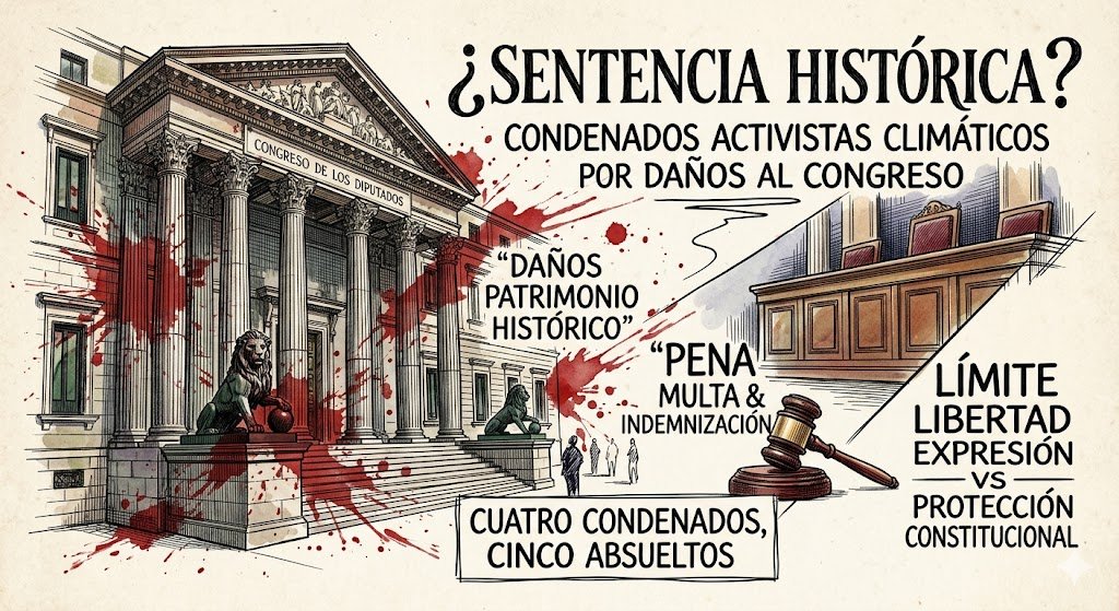 Ilustración en estilo dibujo a pluma y color que muestra el Palacio del Congreso de los Diputados con manchas de pintura roja, junto a un mazo de juez y un texto que resume la condena de activistas climáticos por daños al patrimonio.