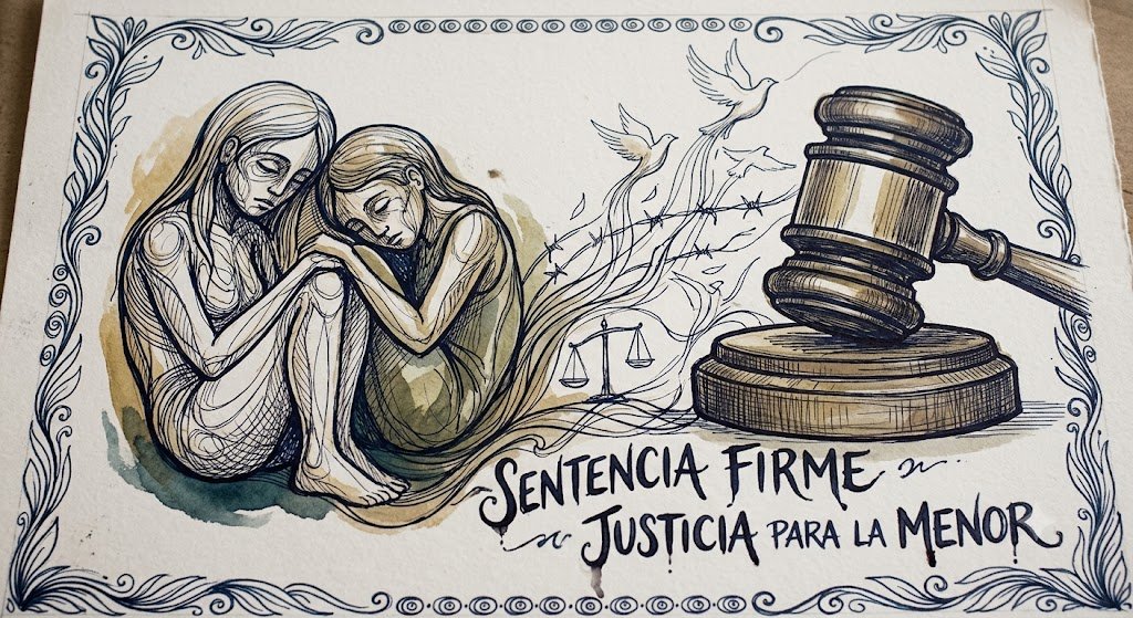 Ilustración artística a pluma y acuarela que representa la justicia con un mazo de juez y figuras simbólicas, enmarcada con motivos decorativos.
