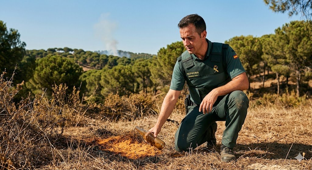 Un agente del SEPRONA de la Guardia Civil arrodillado en un monte seco de Jerez sosteniendo una botella de vidrio abandonada junto a un conato de incendio, con pinos y una columna de humo al fondo bajo un cielo despejado de verano.